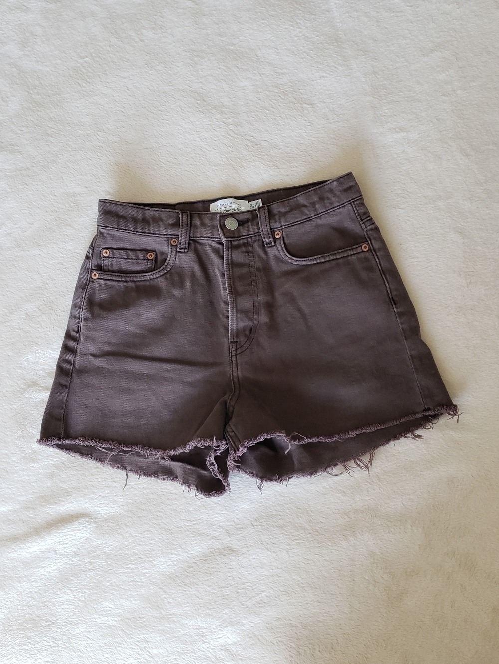 STOCKHOLM ATELIER Small / 26" Brown Button Fly Raw Hem High Waist Shorts